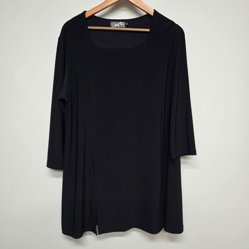 Sympli Square Neck Tunic Top Women 16 Black Jersey 3/4 Sleeve Slit Minimalist